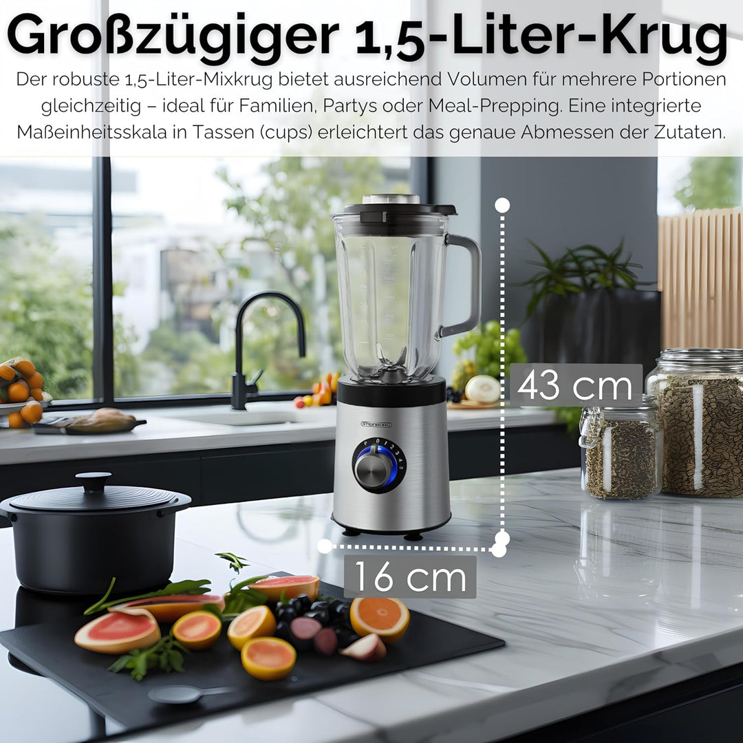 Standmixer | 800 Watt | 6-Fach Metallmesser | 1,5 Liter | 5 Stufen | Glas Edelstahl | Pulsfunktion |