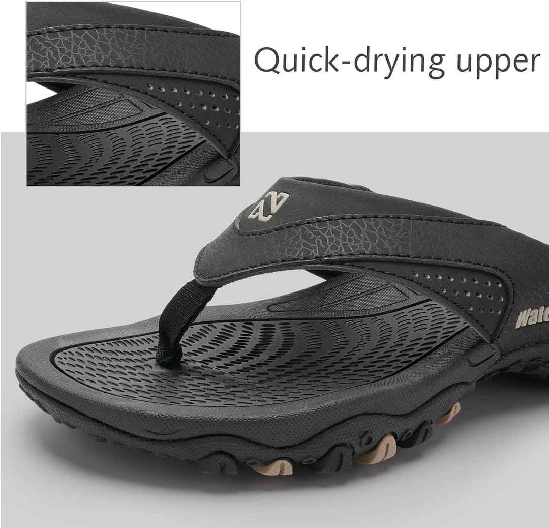 WateLves Herren Flip Flops Zehentrenner Leder mit Arch Support Sandalen Weich Leder Stoff Badelatsch