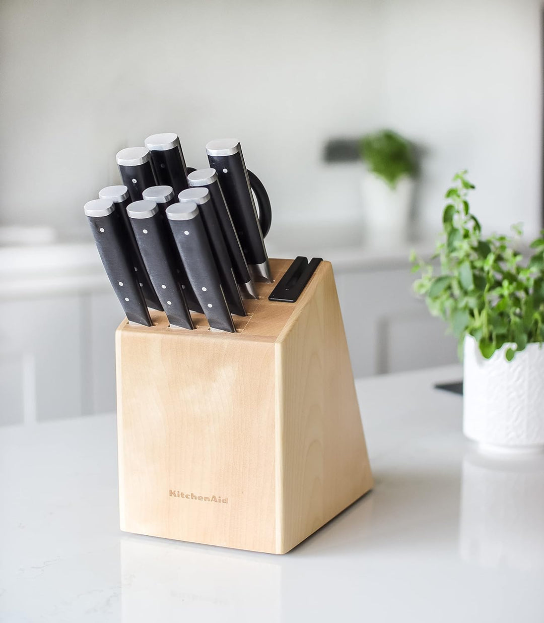 KitchenAid Gourmet 11-Piece Japanese Steel Knife Set with Sharpener and Birchwood Block Knife Set &