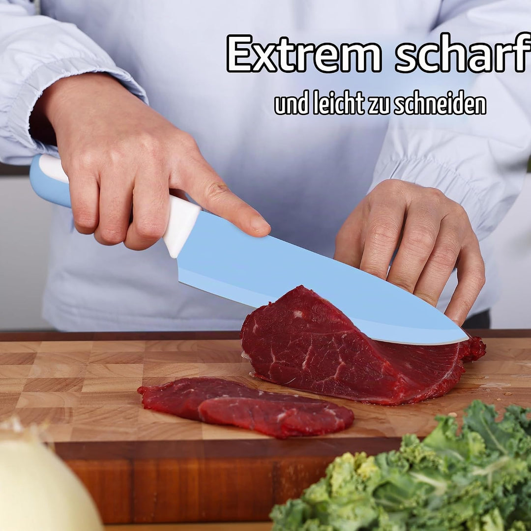 hecef 14-teilig Messerblock mit Messer, Blau, Antihaft-Beschichtung – Spülmaschinenfest, Messerblock