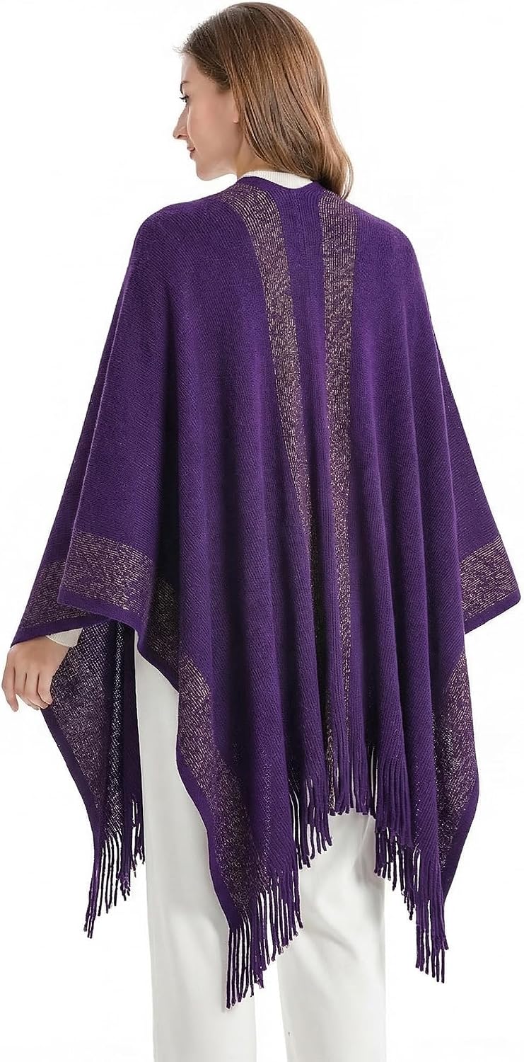ZLYC Damen Weiche Schlichte Poncho Capes Retro Cardigans Pullover Violett, Violett