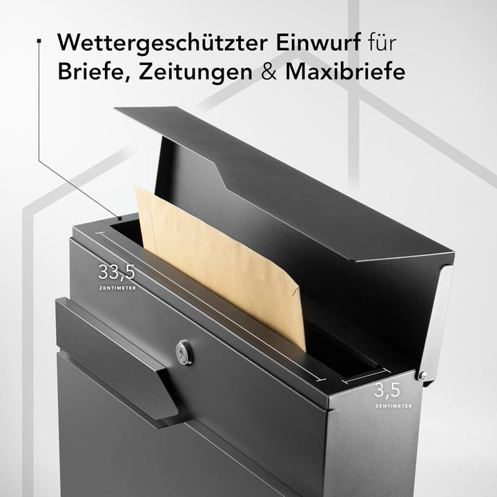 Moderner Briefkasten Personalisierbar Sydney Anthrazit RAL7016 - mit Zeitungsfach - Wandbriefkasten
