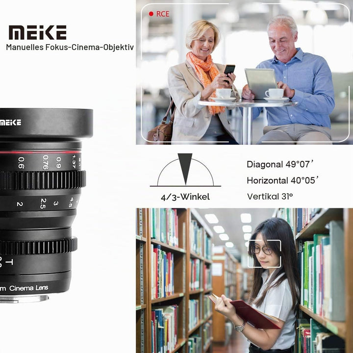 MEKE 25mm T2.2 grosse Blende, manueller Fokus, geringer Verzerrung, 4K Mini-Cine-Objektiv für Micro