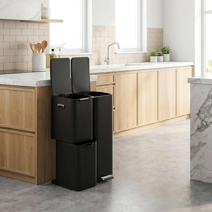LIFERUN Mülleimer 3 Fächer, 60L Mülltrennsystem (30 + 17 + 13 L) mit Softclose Deckel, Abfalleimer K