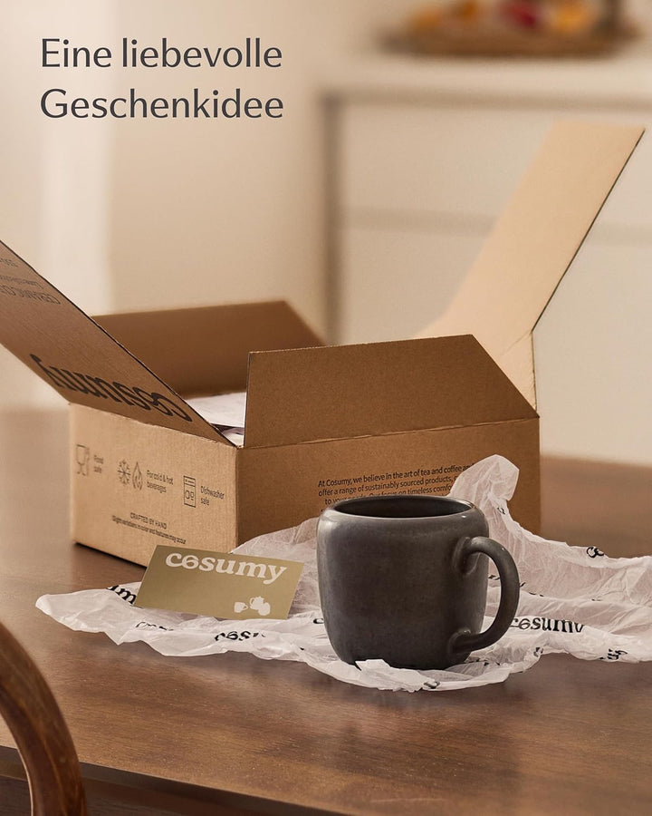 Cosumy 4er Kaffeetassen Set Schwarz – 350 ml Kaffeebecher – Dickwandiges Steingut Geschirr, das Lang