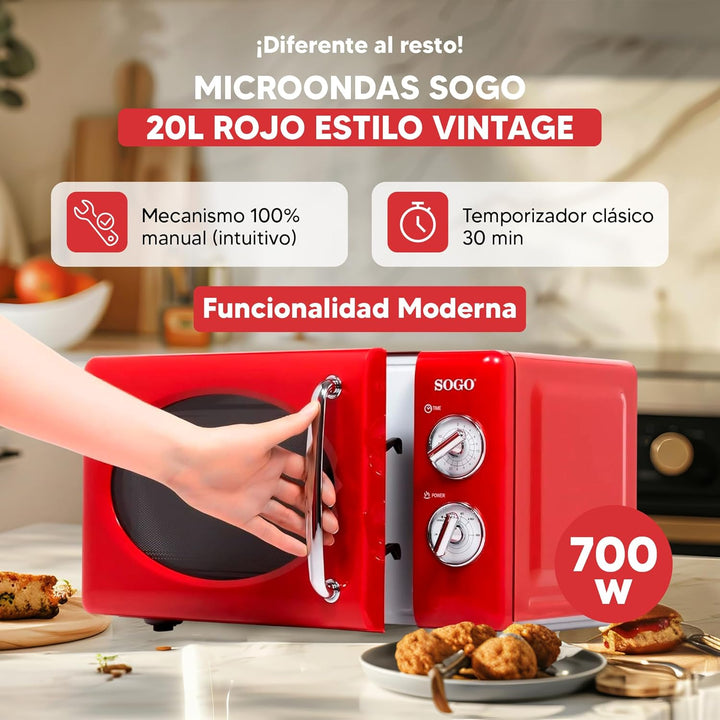 SOGO HOR-SS-890-R Mikrowelle im Retro-Stil, Vintage-Stil, 20 Liter, 5 Leistungsstufen, 700 Watt, Rot