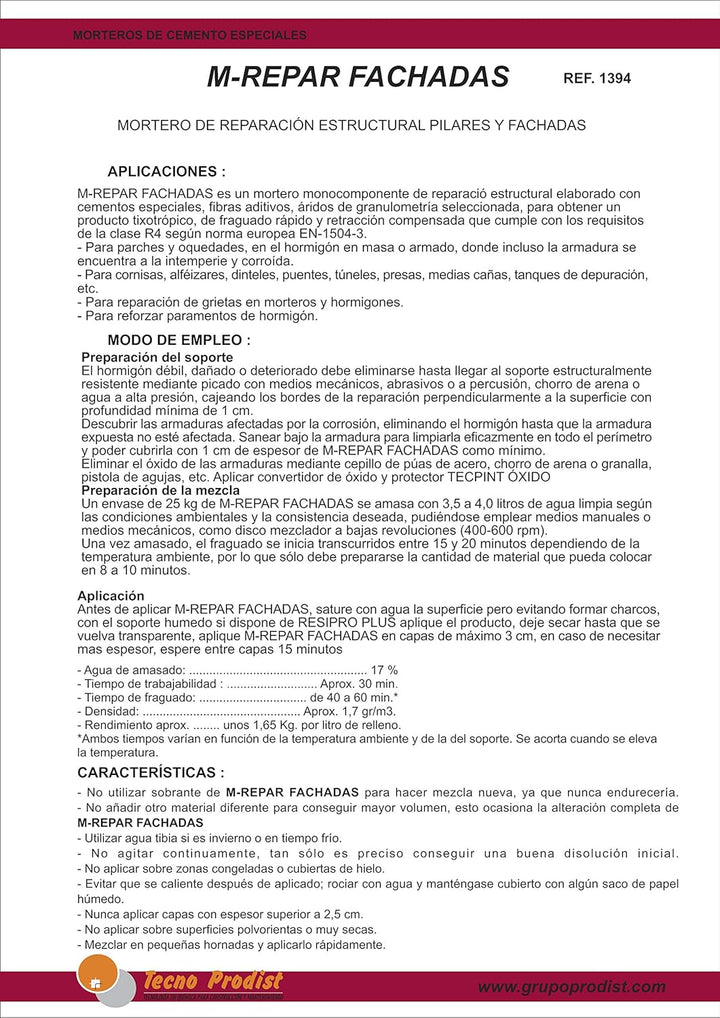 M-REPAR FASSADEN von Tecno Prodist - (5 Kg) - Struktureller Mörtel für die Reparatur von Fassaden, G