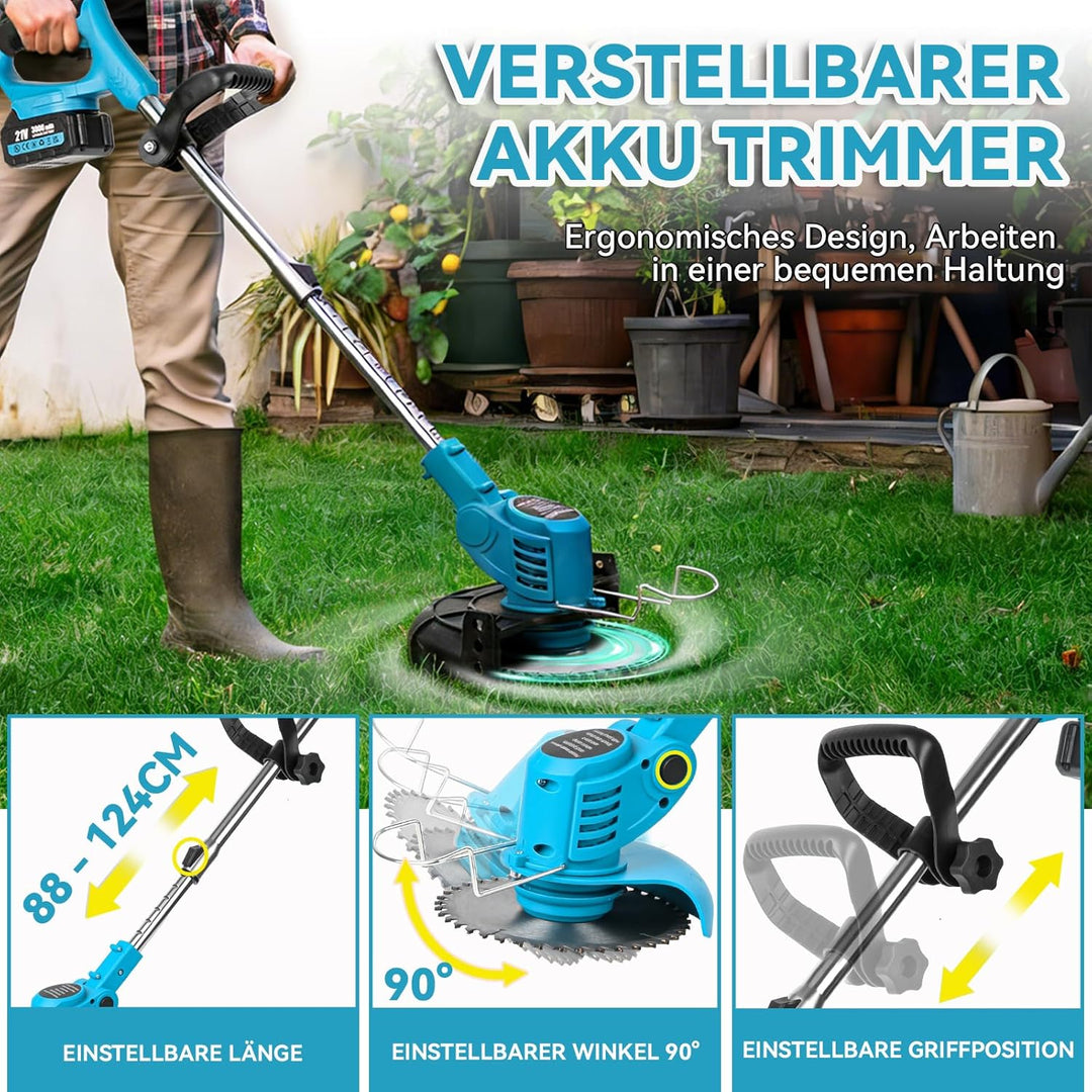 Rasentrimmer mit Akku 21V, Rasentrimmer Elektrisch mit 2X 3.0Ah Akkus und 4 Messertypen, Geräuschpeg