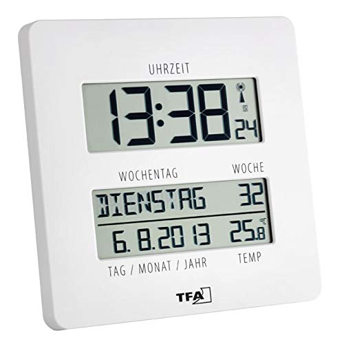 TFA Dostmann 60.4509"Time Line Funk-Wanduhr mit Temperatur und Wochentagsanzeige (Weiss mit Batterie