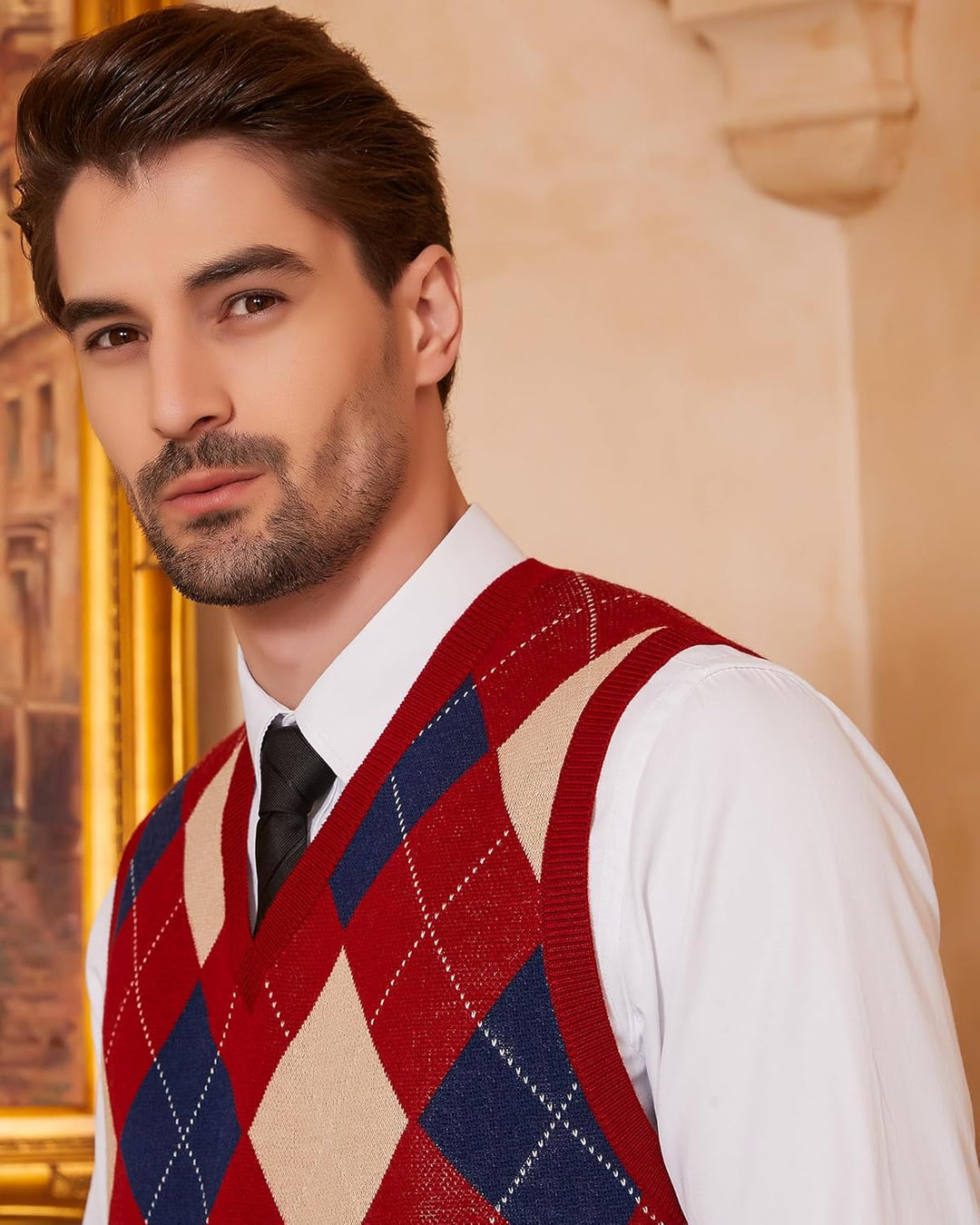 Kallspin Herren Argyle Gestrickt Ärmellos Pullover Wollmischung V-Ausschnitt Strickwesten L Burgunde