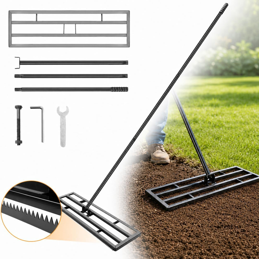 Rasen Nivellierrechen 43x25cm mit Gezahnte Seite und 199 cm Langer Griff, 2-In-1 Rasen-Nivelliergera