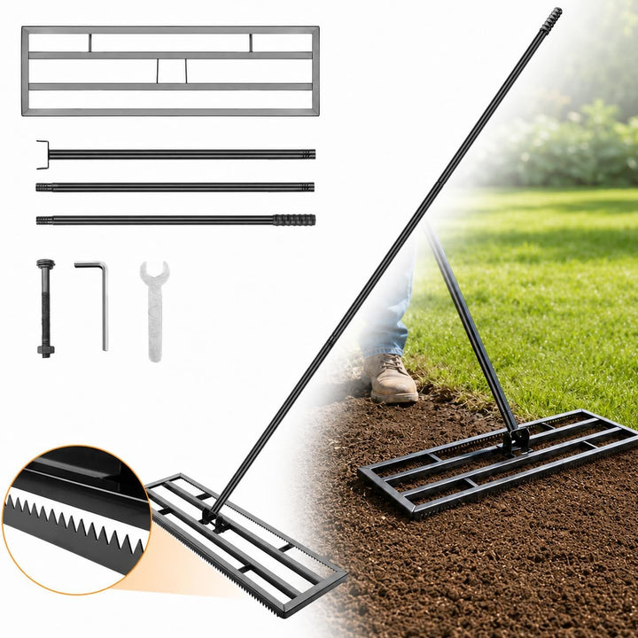 Rasen Nivellierrechen 43x25cm mit Gezahnte Seite und 199 cm Langer Griff, 2-In-1 Rasen-Nivelliergera