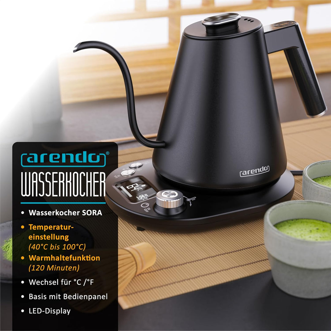 Arendo - Wasserkocher Edelstahl mit Temperatureinstellung - 1100 Watt - 40° bis 100° - Warmhaltefunk
