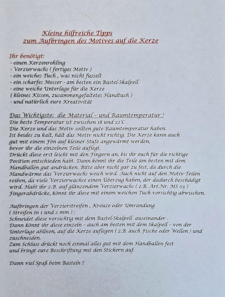 Silkes-Kerzenladen BASTEL-SET für Kommunionkerzen und Taufkerzen Motiv + Beschriftung (in Blockschri