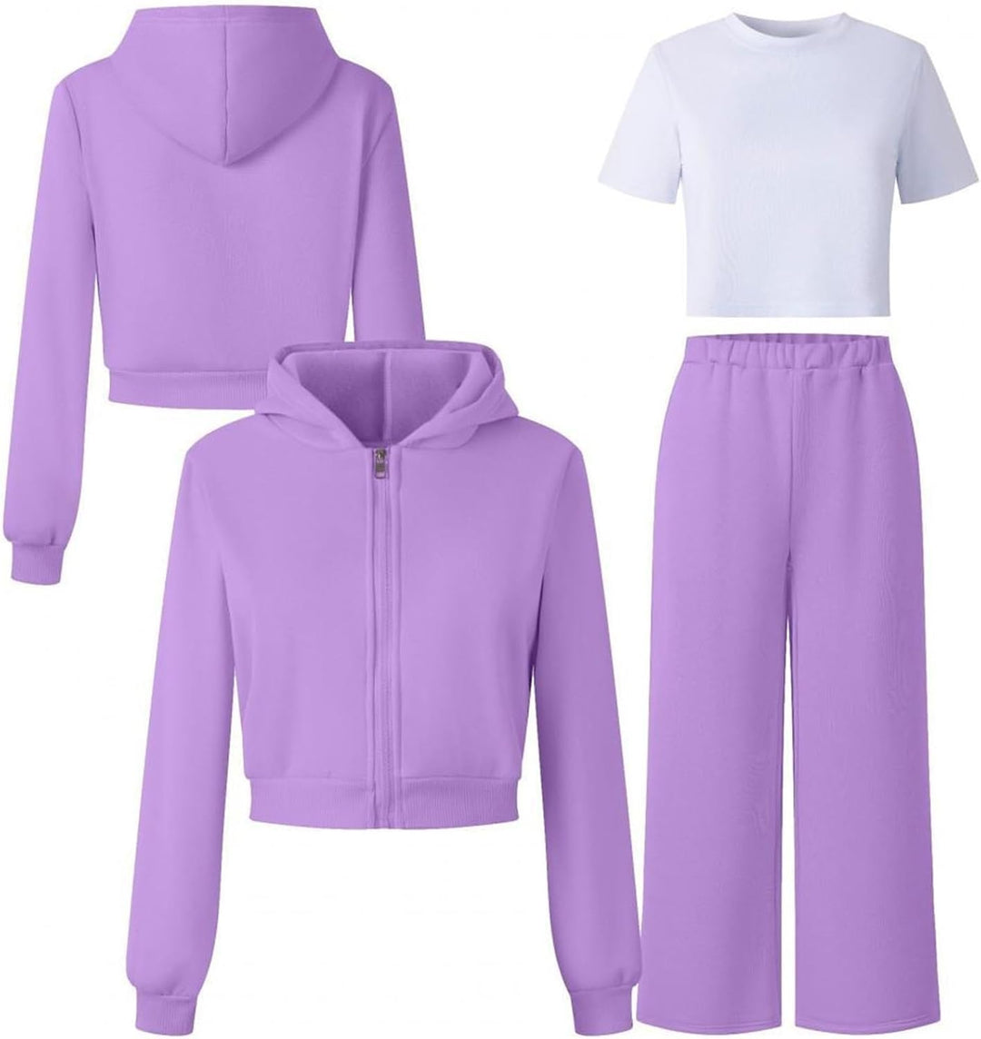 Generisch Mädchen Jogginganzug 3-teilig mit weiter Hose - Set aus Zip-Hoodie, Sweathose und Top · Lä