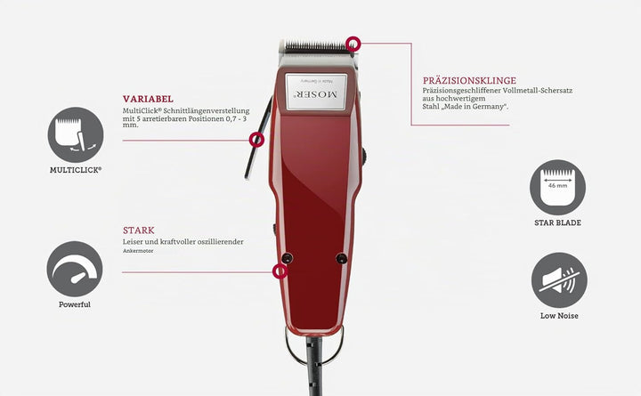 Moser 1400 Haarschneider für Männer, clipper, mit Kabel, mit Zubehör, mit 5 arretierbaren Positionen