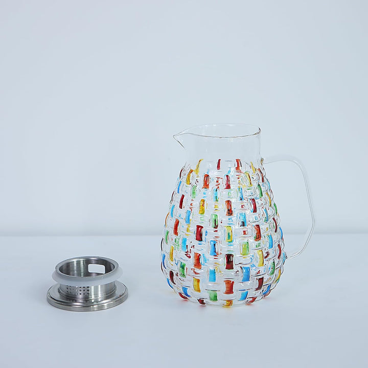 Handbemalter bunter Kristallglas-Krug mit Edelstahldeckel – buntes Webdesign, Wasserkrug, Karaffe, E