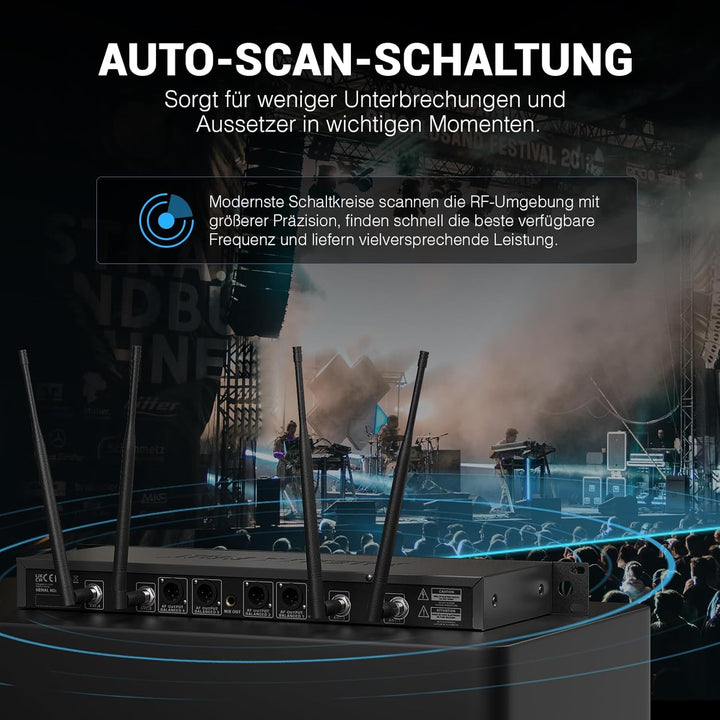 Phenyx Pro 4-Kanal-Drahtlos-Mikrofon-System, UHF Auto Scan Cordless Mic Set, 4 Bodypacks mit Headset