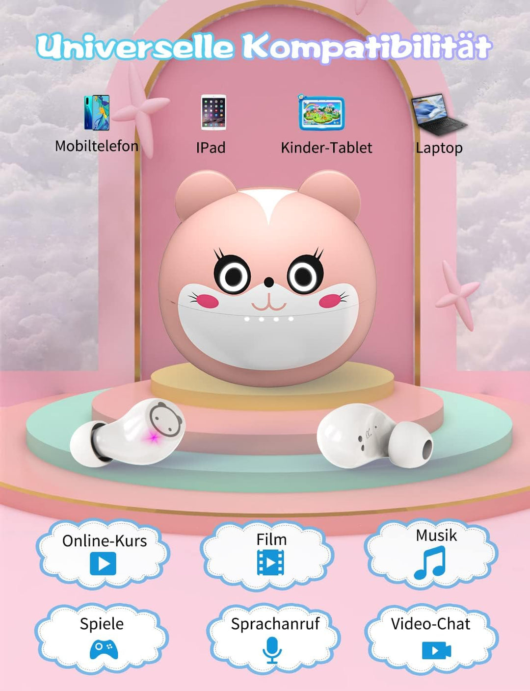 Togetface Bluetooth-Ohrhörer – Rosa Kinder-Ohrhörer – Schulgeschenk für Kinder, 36 Stunden Spielzeit