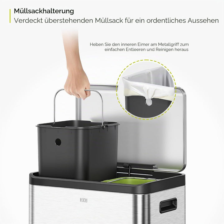 EKO Ecocasa Mülltrennsystem, Rostfreier Stahl, Silber/Schwarz/Grün, 15L 15L+15L, 15L+15L