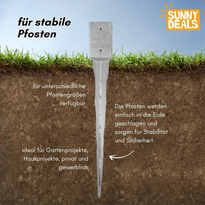 Einschlaghülsen für Pfosten 9x9 cm, extra lang | 6er Set Bodeneinschlaganker verzinkt | Einschlaghül