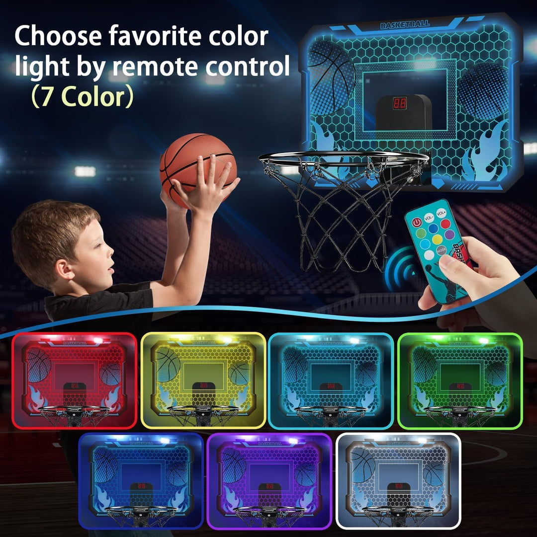 Indoor-Basketballkorb für Kinder mit 7 farbigen LED-Lichtern, Fernbedienung, Halterung über der Tür,