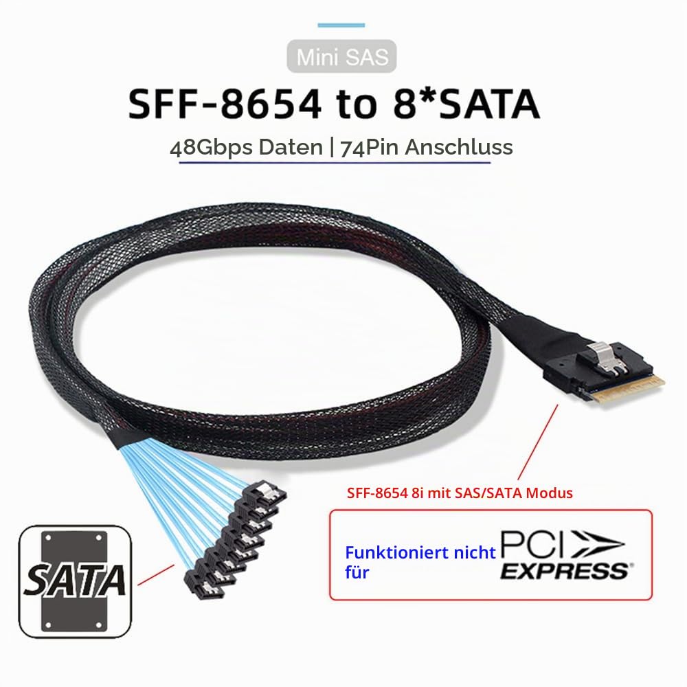 NFHK SlimSAS Host/RAID-zu-SATA-Zielkabel, Slim SAS 4.0 SFF-8654 8i 74Pin 1 zu 8 SATA 7Pin Raid Contr