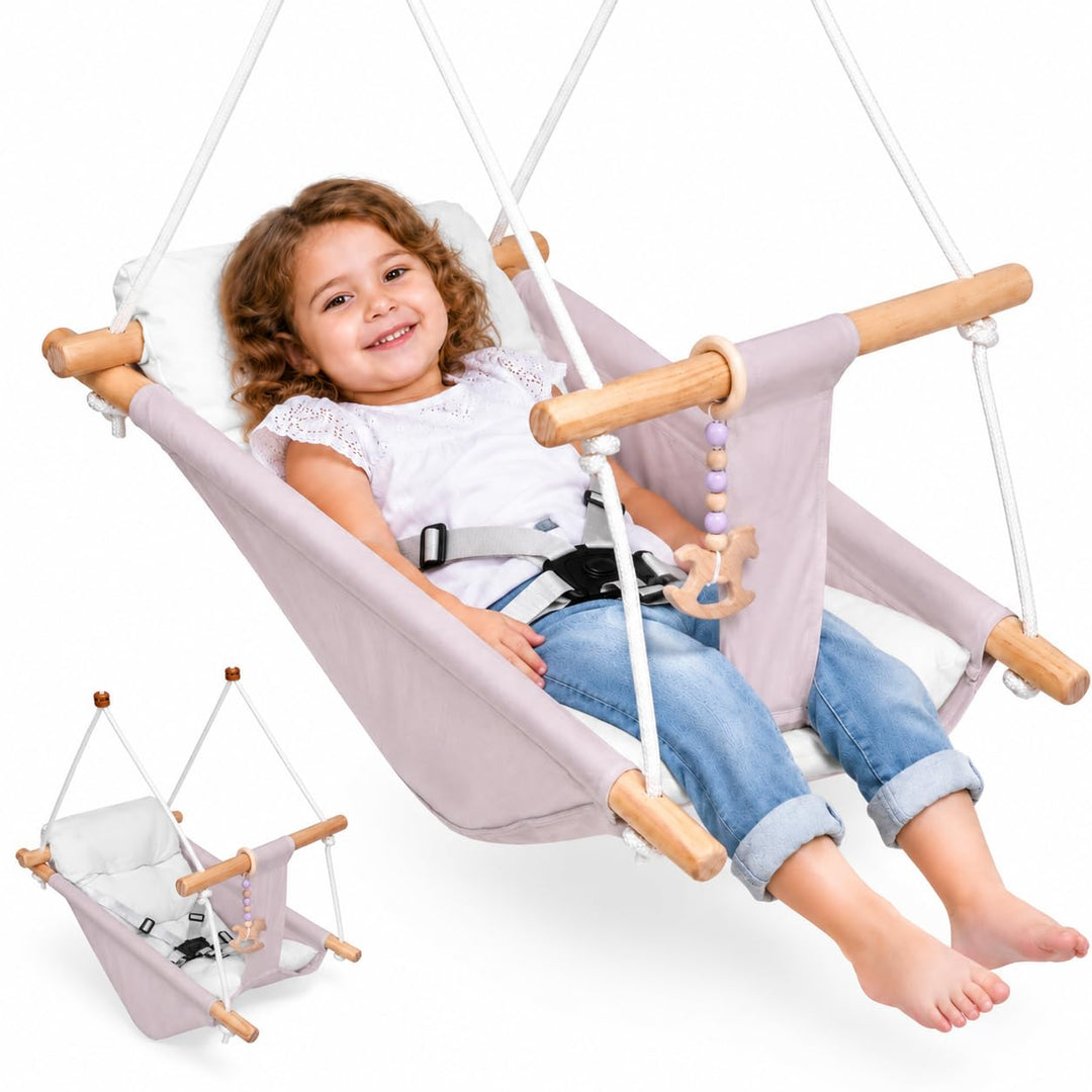 Babyschaukel Indoor 3 in 1,Hängeschaukelsitz aus Holz mit Sicherheitsgurt und Baumwollkissen, Einste