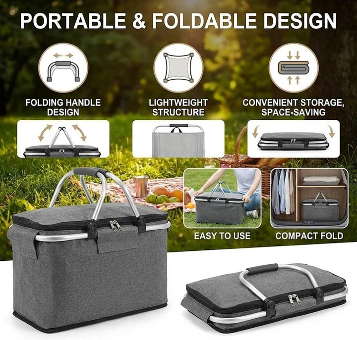 Einkaufskorb,Einkaufskorb Faltbar, Thermo als Picknickkorb, Kühlbox Tragbare mit Gepolsterten Griffe