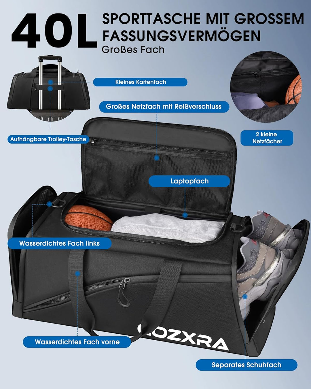 Sporttasche Reisetasche, 40L Sporttasche Herren mit 2 Nassfach und Schuhfach, Reisetasche für Damen