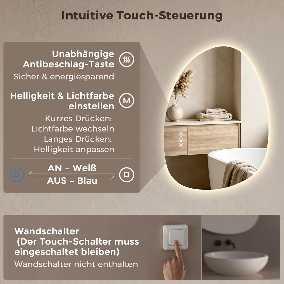 S'AFIELINA Spiegel mit Beleuchtung Asymmetrischer LED Badspiegel 75 × 55 × 2,5 cm (H × B × T) mit To