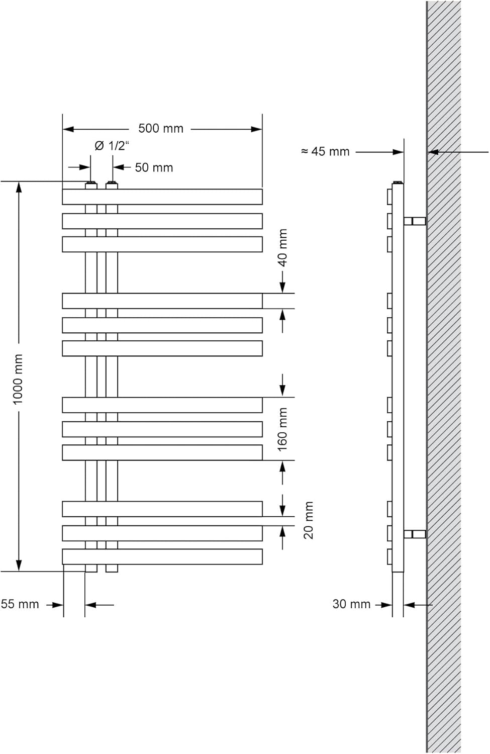 ECD Germany Iron EM Design Badheizkörper Elektrisch 500 x 1000 mm Anthrazit mit Heizstab 600W Grosse