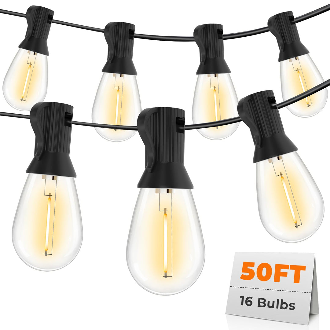 50FT LED-Aussen-Schnurleuchten, 16 bruchsichere wasserdichte S14-austauschbare Glühbirnen (1 Ersatz)