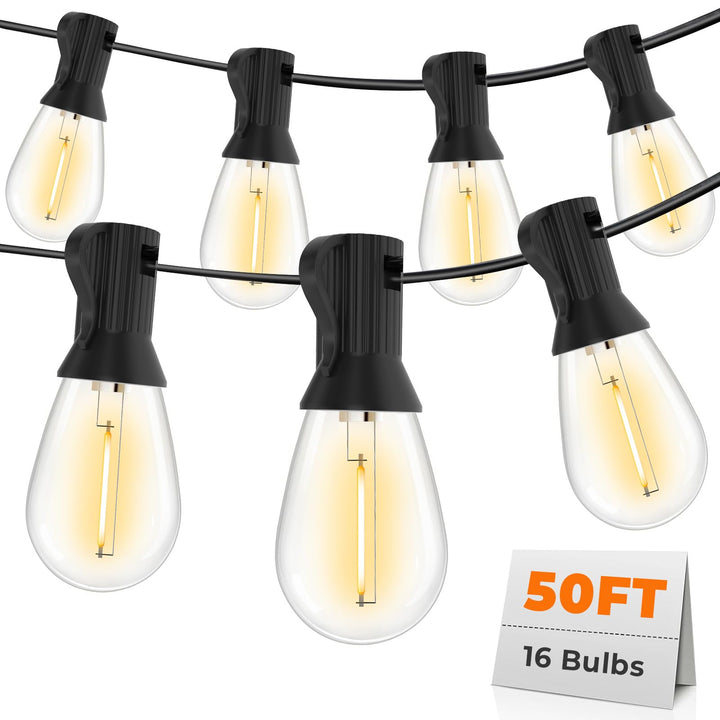50FT LED-Aussen-Schnurleuchten, 16 bruchsichere wasserdichte S14-austauschbare Glühbirnen (1 Ersatz)