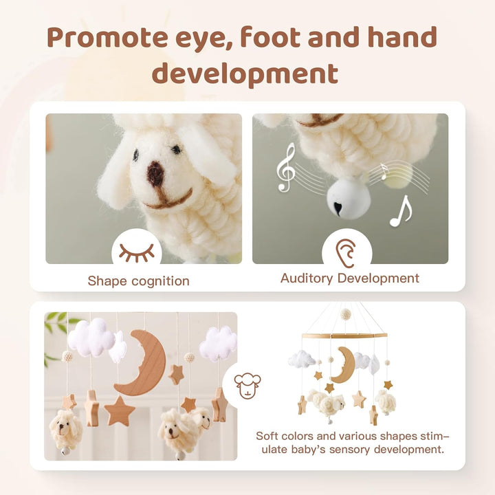 Promise Babe Baby Mobile Holz Schaf Baby Windspiele mit Filzkugeln Holz Stern Mond Baby Mädchen Mobi