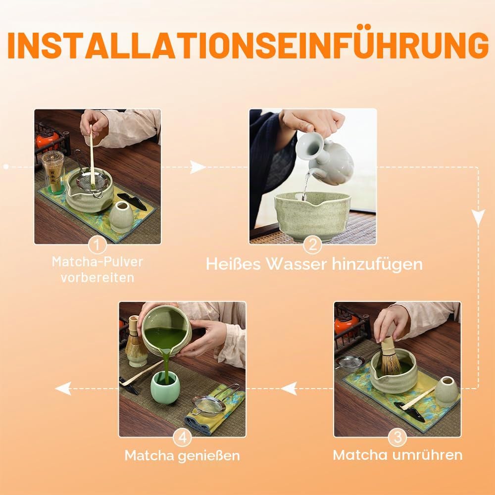 Matcha Set Grün,Macha Tea Set mit MatchaSchale Löffel Sieb Whisk Besen und Matcha Besen Halter,Cerem