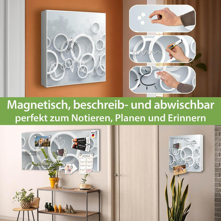 banjado® Grosser Schlüsselkasten Glas/Schlüsselbox 30cm x 30cm mit 50 Haken - Motiv Weisse Ringe/Sch