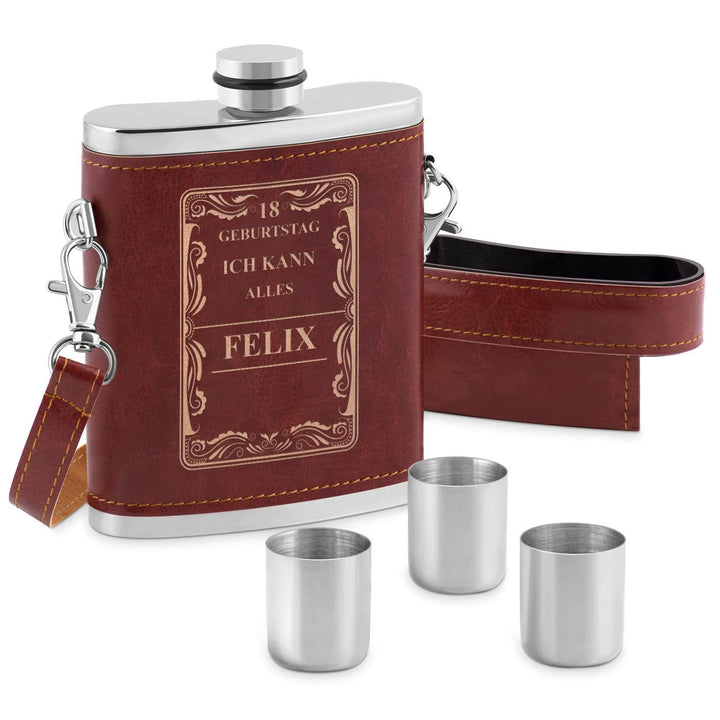 Maverton Flachmann mit Gravur - personalisiert - 250 ml - 3x10 ml Becher - aus Edelstahl - Ledertasc
