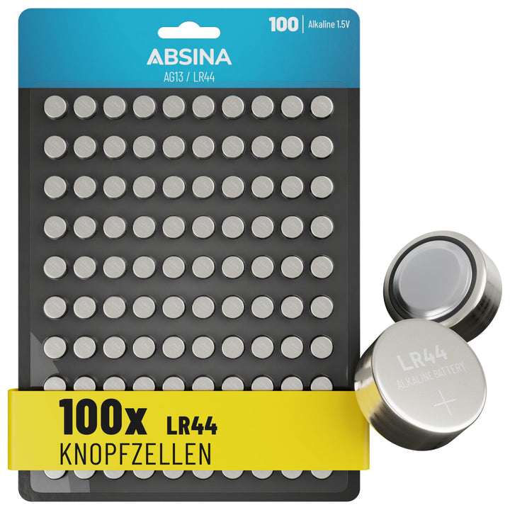 ABSINA AG13 LR44 Knopfzelle 100er Pack - 1,5V Alkaline Knopfzellen auslaufsicher &amp; mit Langer Haltba