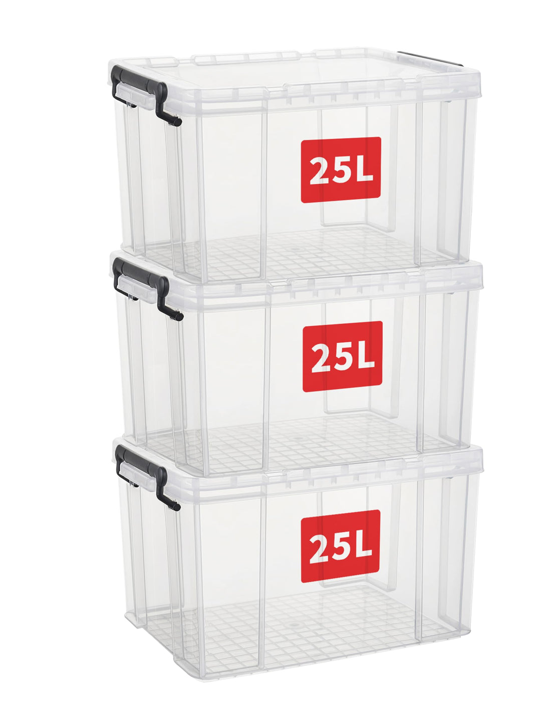 Cetomo,25L,3er-Pack, Aufbewahrungsbox mit deckel,Aufbewahrungsboxen, mit Clips, stapelbar, Wohnzimme