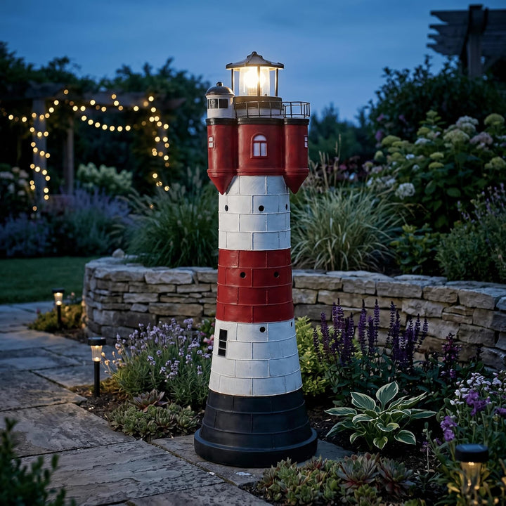 Solar Leuchtturm Roter Sand Höhe 78cm aus Polyresin mit einer weissen LED 2325