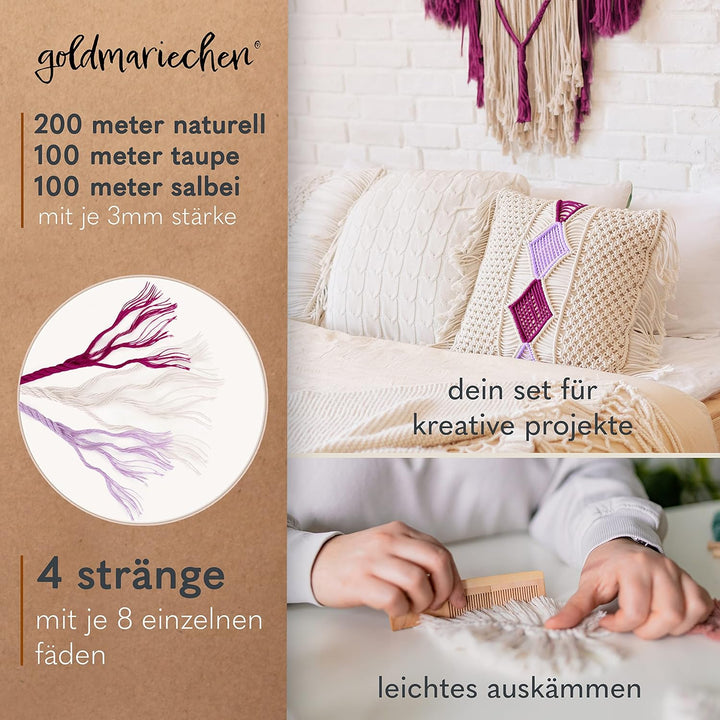 goldmariechen Premium Makramee Garn 3er Set (Naturell, Beere, Lavendel) | 3mm | 100% Baumwolle | pla