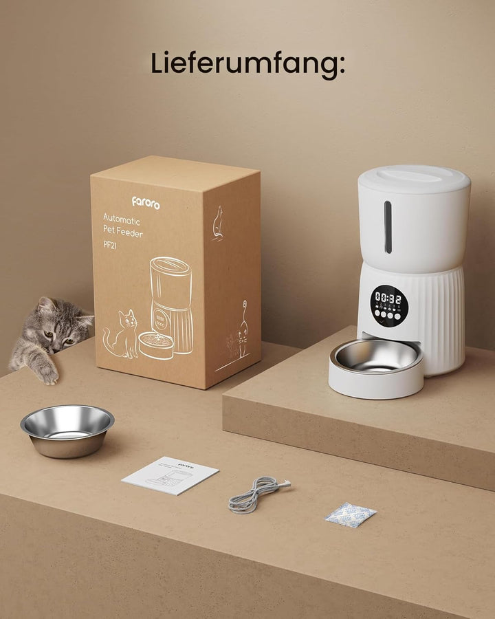 Faroro 4L Futterautomat Katze & Hund, Katzenfutter Automat mit Timer, Katzennapf aus Edelstahl & Dre