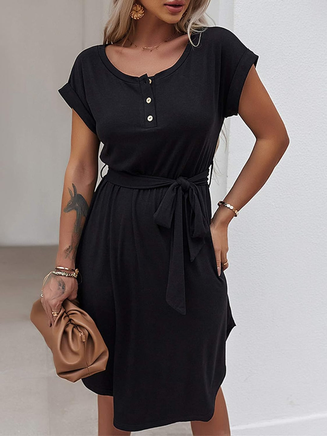 Bequemer Laden Damen Sommer Kleid Knopfleiste Kurzarm Midi Kleider Elegant Sommerkleid Businesskleid