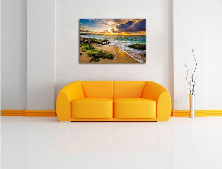 Sonnuntergang auf Hawaii, Format: 100x70 auf Leinwand, XXL riesige Bilder fertig gerahmt mit Keilrah