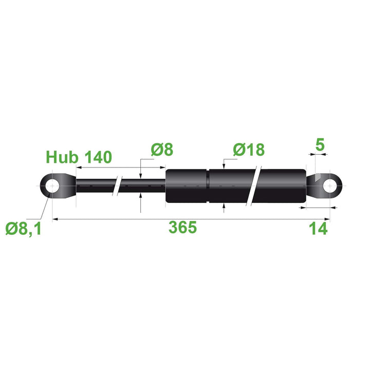 Gasdruckfeder 8/18 8,1 Hub=140 L=365 mm 200N(0086)