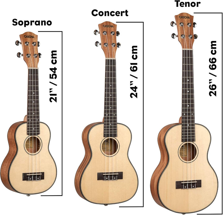 CASCHA Sopran Ukulele, Massive Fichtendecke, Solid Top, Hawaii Gitarre Starter Lern Set mit Zubehör,