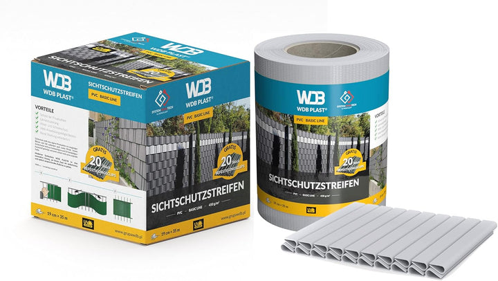 WDB - Sichtschutzstreifen für Doppelstabmatten Sichtschutz Zaun - 19 cm x 35 m + 20 Stück Befestigun