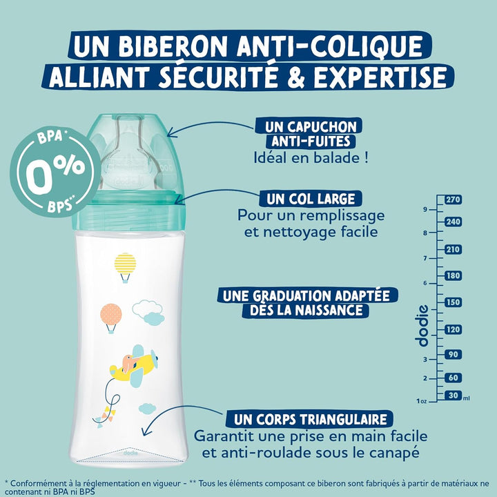 DODIE Mathilde Cabanas Anti-Colic Babyflasche, flacher Sauger, 270 ml, 3 Stück