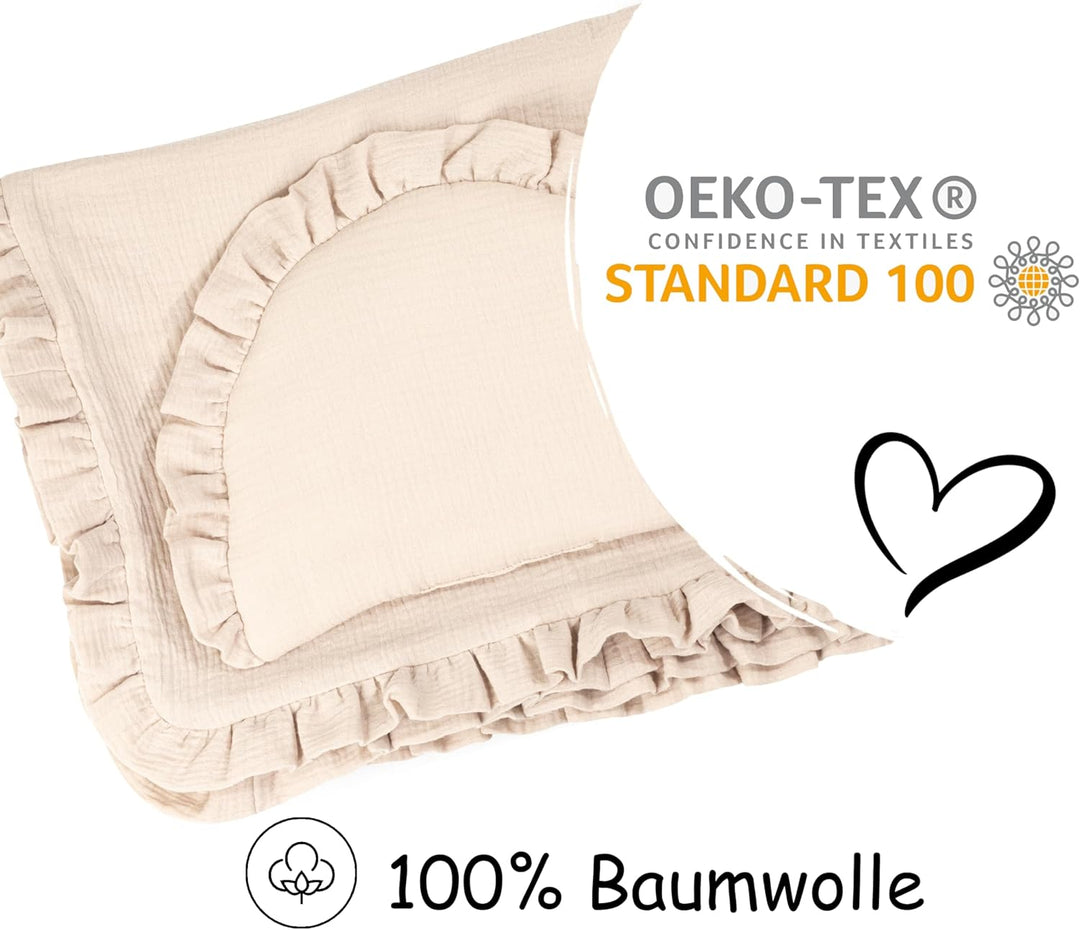 PinkZebra Musselin-Bettwäsche mit Rüschen für Babys Neugeborene, weiches Flachkissen + 4-lagige Deck